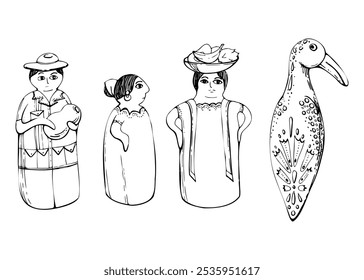 Mexican Spanish porcelain doll table decoration figurine with floral ornament decoration, stylized bird. Hand drawn ink vector isolated illustration. Design travel, vacation, gift shop brochure ads