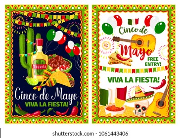 Mexican spring holiday invitation poster for Cinco de Mayo fiesta party template. Festive food, sombrero, chili pepper and jalapeno, maracas, tequila and cactus, guitar and Mexico flag banner design