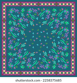 Mexican square pattern with cactus, agave, and birds. Bandana. Vector.