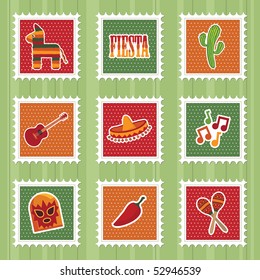 mexican stamps with motifs in red, green and orange