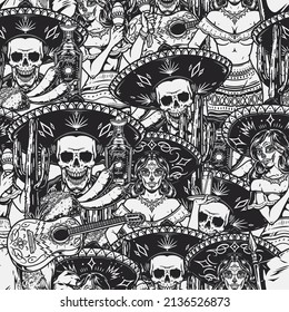 Mexican stickers seamless pattern with skeleton musician in sombrero, tall cactus, Mexican woman with painted face shaking maracas and carrying cocktail, guitar, taco, chili pepper and tequila bottle