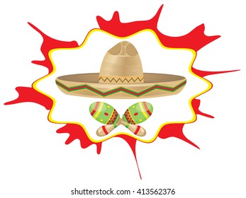 Mexican straw hat sombrero and decorative maracas.
