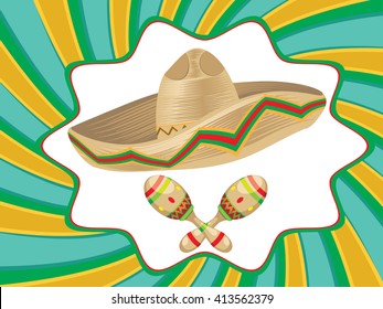 Mexican straw hat sombrero and decorative maracas.