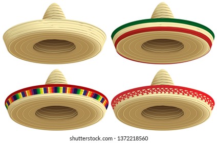 Mexican straw sombrero hat. Set cap vector illustration isolated on white