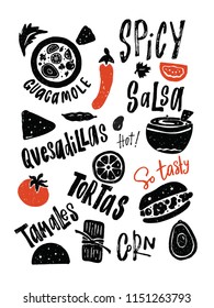 Mexican street food elements. Hand drawn illustrations and llettering with different mexican dishes. Typography poster.