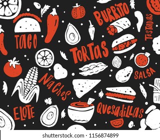 Mexican street food. Hand drawn illustration and lettering with different mexican food and symbols. Taco, tostadas, elote, quesadilla, tortas. burrito.