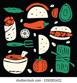 Mexican street food. Hand drawn illustration, made in vector, isolated on black background