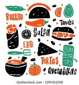 Mexican street food. Hand drawn vector illustration and lettering, isolated on white