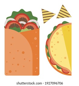 Mexican Street Food Icons In Flat Design. Taco, Tortilla Nachos Chips, Meatball Burrito With Onions, Guacamole, Tomatoes And Lettuce. Vegetarian Falafel Wrap, Veggie Burrito Healthy Fast-food Meal.