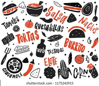 Mexican street food illustration with hand drawn lettering and elements. of different mexican dishes. Typography poster.