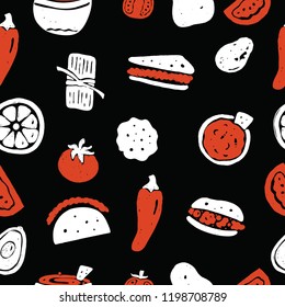 Mexican street food pattern. Seamless design. Hand drawn food elements.. Vector