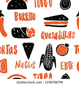 Mexican street food pattern. Seamless design. Hand drawn food and lettering with different mexican dishes.. White background.