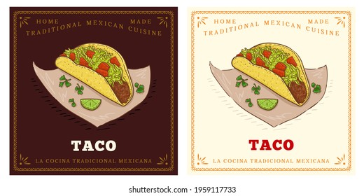 Mexican street food taco vintage illustration