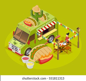 Mexican Street Food Truck Isometric Advertisement Poster With Taco Cactus And Sausen Decorated Bus Green Background Vector Illustration 