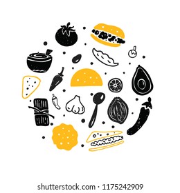 Mexican street food. Vector circle illustration with hand drawn elements. Design concept for cafe, restaurant decoration.