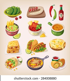 Mexican street, restaraunt and homemade food and product icons for ethnic menu