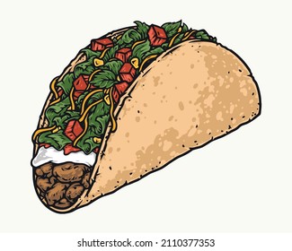 Mexican street taco with meat and vegetables in vintage style, isolated vector illustration