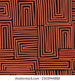 Abstrakter Hintergrund im mexikanischen Stil. Nahtlose Vektorgrafik. Schwarz-Orange-Farben. Doodle-Skizze. Traditionelle Symbole und Linien Mexikos. Schleifpapier-Design. Ziergeometrie