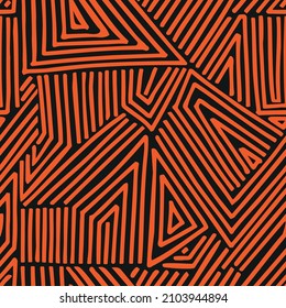 fondo abstracto de estilo mexicano. Ilustración de patrones vectoriales sin inconvenientes. Los colores negro y naranja. Esbozo de Doodle. Símbolos y líneas tradicionales de México. Diseño de papel envuelto. Geometría ornamental