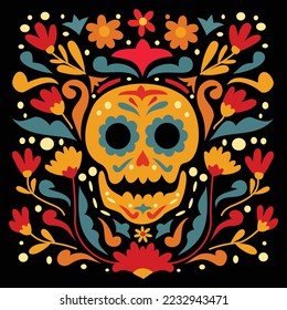 Mexican style abstract patterns with colorful floral illustrations. Traditional background design with golden skull