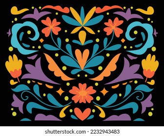 Mexican style abstract patterns with colorful floral illustrations. Traditional background design 