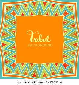 Mexican style background in bright colors. Abstract border with ethnic pattern. Colorful tribal ornament. Copy space. Card, invitation or poster template. Vector illustration.