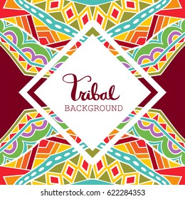 Mexican style background in bright colors. Festive ethnic pattern. Colorful tribal ornament. Abstract white label. Copy space. Card, invitation or poster template. Vector illustration.