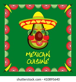 Mexican style. Mexican border Concept. Fiesta menu frame. Chili pepper, tomato, avocado, lemon, lime. Kitchen of Mexico. Cinco de Mayo cuisine. Party banner background. Vector Illustration