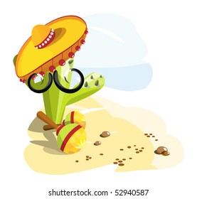 Mexican style cactus with mustaches, sombrero and maracas