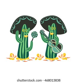 Mexican style  Cartoon funny Cactus Mariachi traditional singers sombrero guitar maracas  Symbol Mexico  Design idea for Fiesta Holiday  Humorous party banner background  Vector Illustration