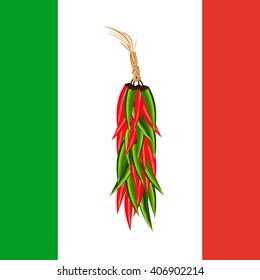 Mexican style. Chili Ristra. Red, green chilli pepper. Mexican symbol Concept. Template for Cinco de Mayo background, Fiesta party menu. Flag of Mexico colors. Party banner. Vector Illustration
