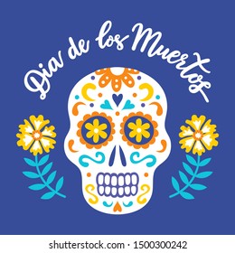 Mexican style colorful ornate sugar skull with yellow tagetes flowers and leaves. Day of the Dead hand drawn lettering inscription in spanish language. Holy death symbol EPS 10 vector illustration.