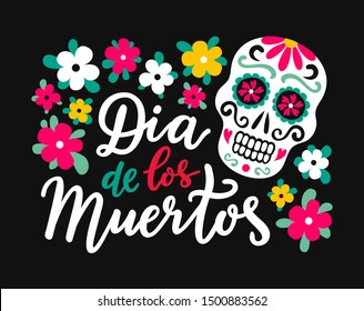 Mexican style colorful ornate sugar skull with yellow, red flowers and leaves. Day of the Dead hand drawn lettering phrase inscription in spanish language. Holy death symbol EPS 10 vector illustration