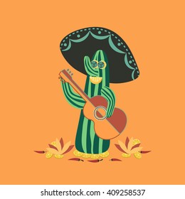 Mexican style. Fancy Cactus Mariachi. Fiesta background concept. Mexican food, Chili pepper, lime, guitar, sombrero. Holiday Cinco de Mayo. Party banner background. Vector Illustration
