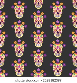 Mexican style Folk seamless pattern for Dia de los Muertos holiday. Decorated skull in bright color on black background. Vector illustration for textile, wallpaper