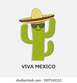 Mexican style green cartoon cactus in sombrero hat. Sweet kids graphics for t-shirts. Greeting card.