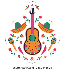 Mexican style illustration with guitar, sambrero, maracas, flowers and decorations for Cinco de Mayo holiday. Isolated vector illustration.