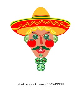 Mexican style. Mexican mariachi Concept. Portrait from vegetables. Fiesta party concept. Chili pepper, tomato, lime, sombrero. Template for party Cinco de Mayo banner background. Vector Illustration