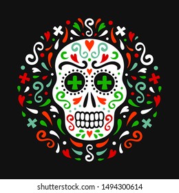 Mexican style ornamental skull. Day of the Dead celebration symbol. National flag colored ornate circle backdrop of flourishes, hearts and crosses. EPS 10 vector tribal design colorful illustration.