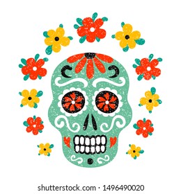 Mexican style ornamental sugar skull with flourish and flower ornament. Day of the Dead traditional ornate symbol. Floral wreath decoration. EPS 10 vector tribal design colorful illustration.