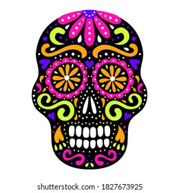 Mexican style ornamental sugar skull with flourish and flower ornament. Day of the Dead traditional ornate symbol. Floral decoration. EPS 10 vector tribal design colorful illustration.