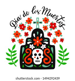 Mexican style ornate tomb illustration with cross and skull with flourishes, red flowers and green leaves. Day of the Dead hand drawn lettering inscription in Spanish language. EPS 10 vector.