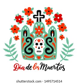 Mexican style ornate tomb illustration with cross, skull, candles, flourishes, red flowers and green leaves. Day of the Dead hand drawn lettering inscription in spanish language. EPS 10 vector.