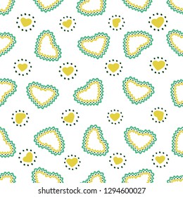 Mexican style pattern of green and yellow geometric hearts. Use this retro ornament in your design and decoration.
