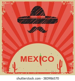 Mexican style poster with sombrero on old paper with text