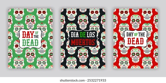 Estilo mexicano rojo, verde, tarjeta de felicitación negra con decoración de patrón de calaveras adornadas. Inscripción de letras dibujadas a mano del Día de Muertos en español e inglés. Ilustración vectorial