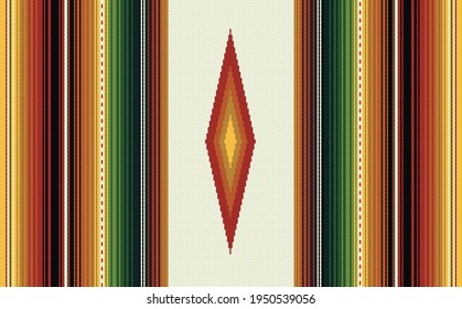 Mexican style seamless pattern. Colorful stripes background in yellow, red and green. Vector serape design. Ornament for Cinco de Mayo fiesta. Ethnic boho fabric illustration. Western decor style.