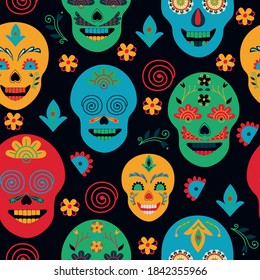 Mexican style, seamless pattern, painted skulls on black background. Folk art. Hand drawing. Design for package, textiles, wallpapers, printed products. Vector illustration