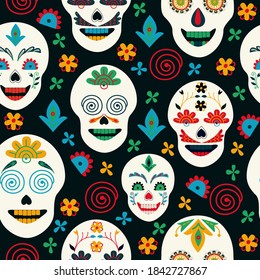 Mexican style, seamless pattern, painted skulls on black background. Folk art. Hand drawing. Design for package, textiles, wallpapers, printed products. Vector illustration