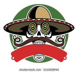 Mexican style skull with moustaches and traditional sombrero hat. Isolated on white background.